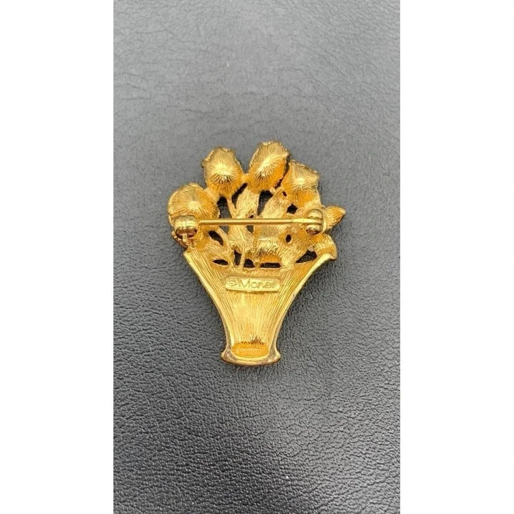 Vintage Monet Flower Basket Gold Tone Brooch Pin Multi Color Rhinestones